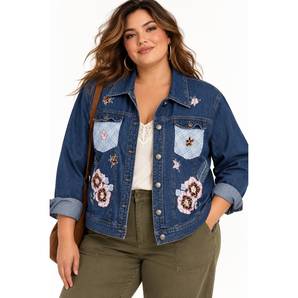 Seventh Avenue Women 2X Floral Embroidered Denim Jacket Medium Wash Cotton 326-T